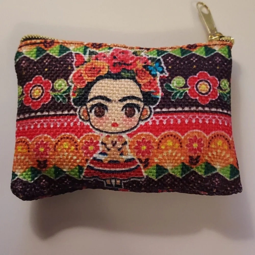 Frida Kahlo Coin Purse Makeup Bag Colorful Woven Patterned Women's Bag